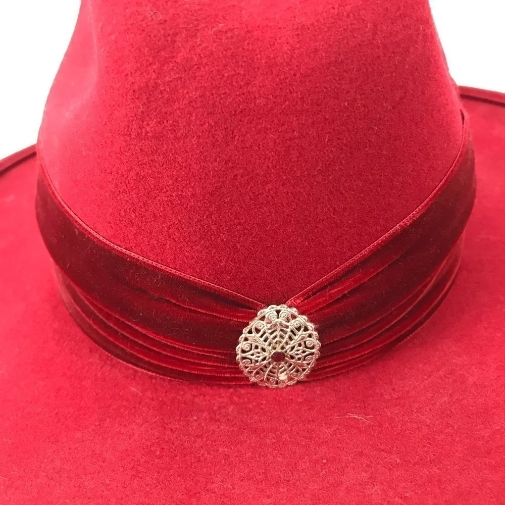 Nancy Hughes Hat She’s A Lady Western Red Wool Felt Velveteen Band & Bow  6.3/4